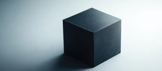 Poster - Black cube isolated on white background with soft shadows highlighting its geometric shape and texture for minimalist design concepts.