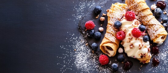Poster - Indulge in Delicious Cannoli with Fresh Berries and Creamy Filling on Dark Background Perfect for Culinary Promotions and Text Space