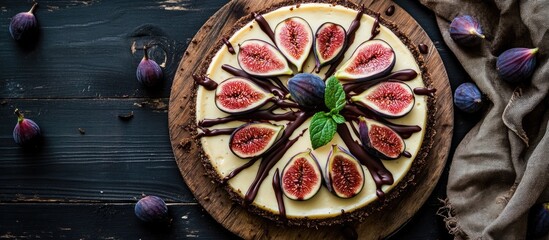 Poster - Decadent cheesecake adorned with fresh figs and chocolate drizzle on a rustic wooden table, captured from a top view perspective.