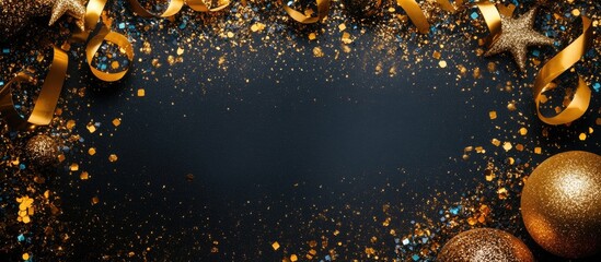Poster - Golden carnival decorations with glittering confetti and empty space for personalized text on a dark background