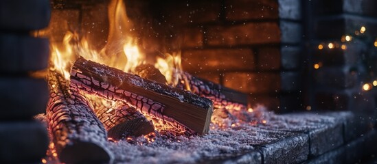 Aufkleber - Close up of burning firewood in a cozy fireplace with glowing embers and warm light creating a textured background ambiance