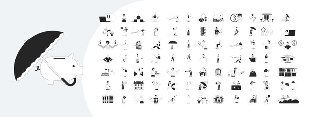 Fototapete - Business and finance cartoon outline illustrations mega bundle. Career in investment and real estate 2D linear images isolated. Money management strategy collection black and white vector drawings