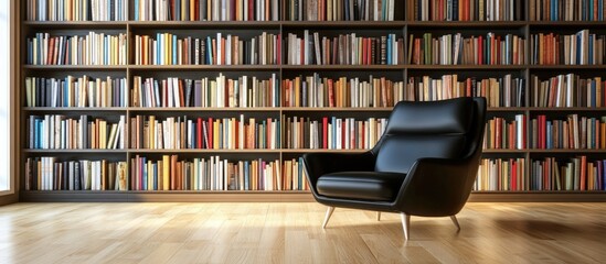 Poster - Minimalist living room design with black armchair and wooden bookshelves displaying books in a bright, serene environment for lifestyle aesthetics