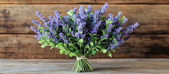 Poster - Lavender bouquet on rustic wooden background showcasing vibrant blooms and natural beauty for floral and wellness themes