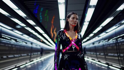 Poster - A futuristic subway tunnel with neon lights streaking around her.