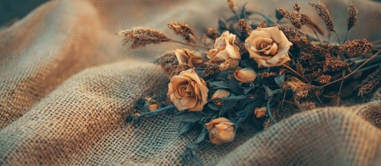 Aufkleber - Dry flower bouquet on burlap background with selective focus and warm tones creating a rustic and tranquil atmosphere