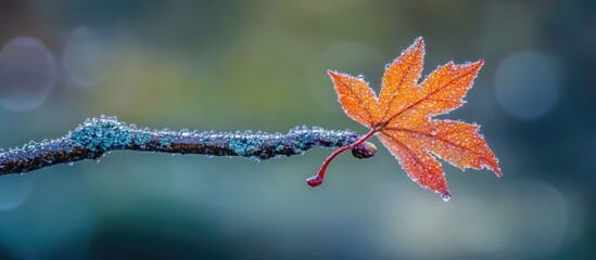 Poster - Dew-kissed closeup of a vibrant orange maple leaf clinging to a frosted branch in a serene autumn landscape