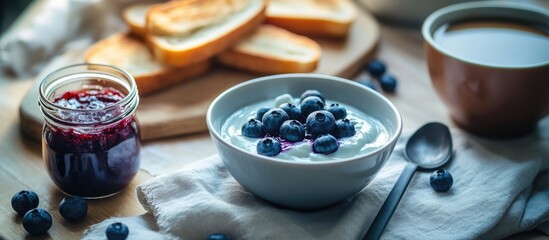 Poster - Delicious breakfast spread featuring blueberry yogurt, jam, toast, and coffee on a rustic wooden table. Perfect for food enthusiasts.