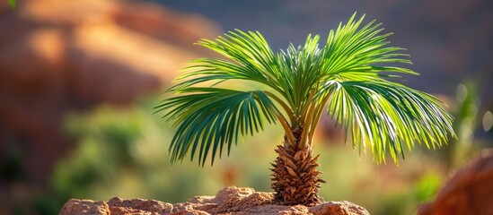Poster - close-up view of chamaerops humilis mediterranean dwarf palm thriving in natural moroccan landscape.