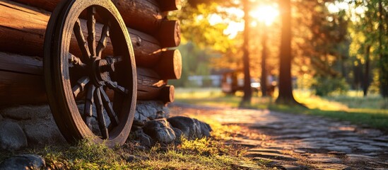 Poster - Close up of vintage wheels beside a rustic cabin illuminated by sunset in a scenic outdoor setting with room for text.