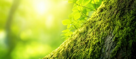 Poster - Closeup view of moss on tree trunk showcasing natural texture in a vibrant green environment ideal for ecological concepts and backgrounds.