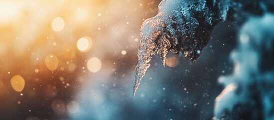 Poster - Intricate close-up of a shimmering icicle with a soft bokeh background reflecting warm hues of sunlight in a winter setting.