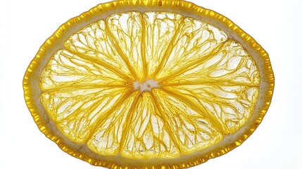 Poster - Close up of a vibrant yellow lemon slice showcasing intricate texture against a white background with ample space for text insertion