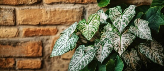 Poster - Closeup of vibrant caladium leaves with green and white patterns beside a textured brown brick wall showcasing natural beauty and contrast.