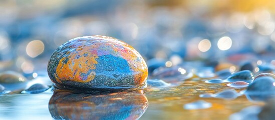 Poster - Colorful round pebble stone partially wet in sunlight with reflections creating a serene outdoor atmosphere for nature-related themes.