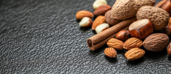 Aufkleber - Raw hazelnut kernels and almonds with cinnamon stick on textured black leather background showcasing natural food elements and textures.