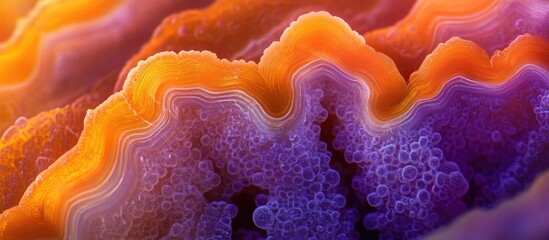 Poster - Closeup of vibrant orange and violet agate crystal cross section showcasing intricate textured patterns and mineral details from Malawi