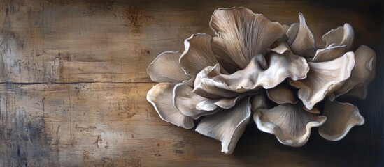 Poster - Close-up of fresh oyster mushrooms on rustic wooden table showcasing healthy vegetarian diet and organic food concept.
