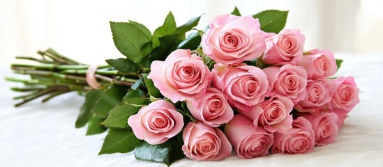 Poster - Elegant bouquet of fresh pink roses on soft background showcasing romantic floral beauty and vibrant colors for celebrations and gifts.