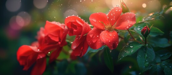 Poster - Close-up of vibrant red roses with droplets of water highlighting their beauty in a softly blurred natural background