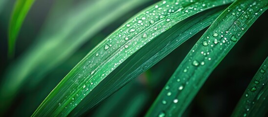 Poster - Macro close-up of a lush green plant leaf with water droplets showcasing intricate textures and vibrant colors in nature.