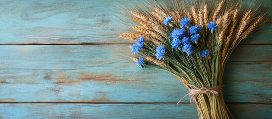 Poster - Golden barley ears and blue cornflowers arranged on vintage green wooden surface showcasing a rich harvest and rustic farming theme.