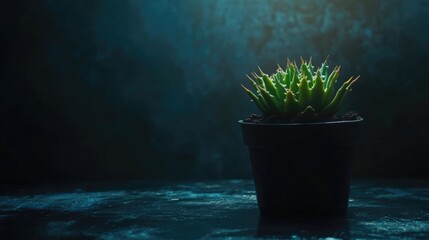 Poster - Close up of a vibrant cactus in a black pot against a moody background with ample copy space for text or branding purposes