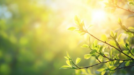 Poster - Sunlit maple tree branches in close-up with soft bokeh background and ample copy space for text or graphic overlay.