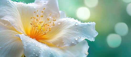 Poster - Close up of a delicate white rose with raindrops against a dreamy blurred background creating a serene and peaceful ambiance.
