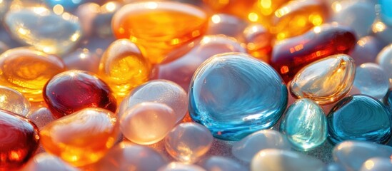 Poster - Vibrant glass pebbles with a soft glow creating a serene atmosphere and ample space for text overlay in a stylish composition