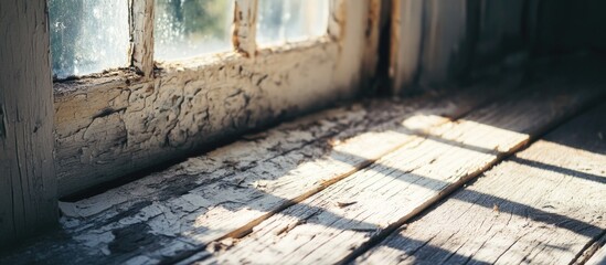 Poster - weathered wooden floor and window with sunlight casting shadows in an old house interior