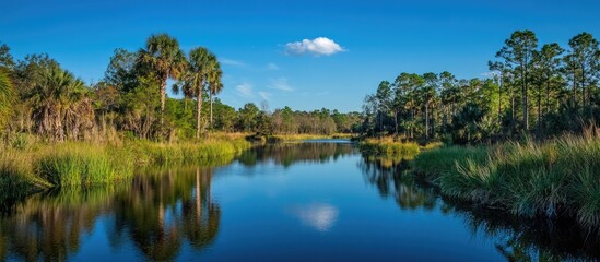 Poster - Tranquil blue river surrounded by lush greenery under a bright sky in a serene natural setting.