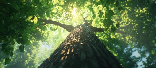 Poster - Close up view of a tree trunk and canopy from below with sunlight filtering through vibrant green leaves in a serene forest setting.