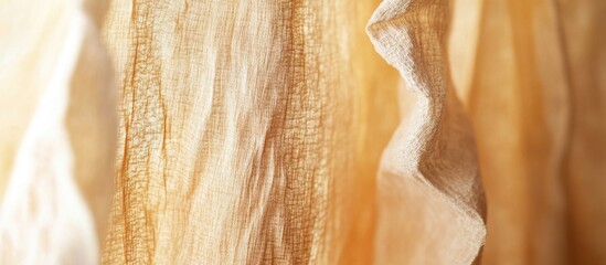 Poster - Close up of textured wood pulp curtain fabric revealing intricate patterns against a soft abstract background in warm tones.