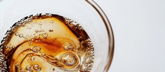 Poster - Swirling coffee stain in a glass with bubbles on a clean white background highlighting the rich color and texture of the beverage