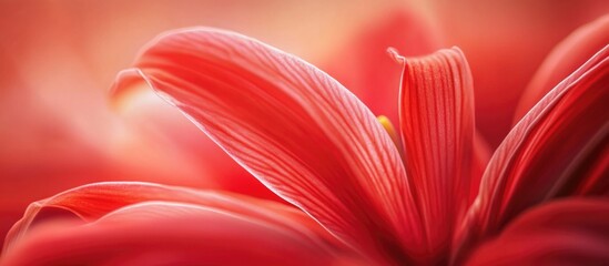 Poster - Close up of vibrant red spider lily petals showcasing intricate textures and soft gradients in a blurred background setting.