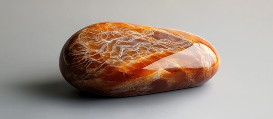 Poster - Close up of a polished brown and orange Indian Carnelian stone showcasing intricate textures on a neutral gray background