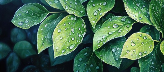 Poster - Close up of vibrant green leaves adorned with water droplets reflecting freshness in a natural setting perfect for spring or summer themes