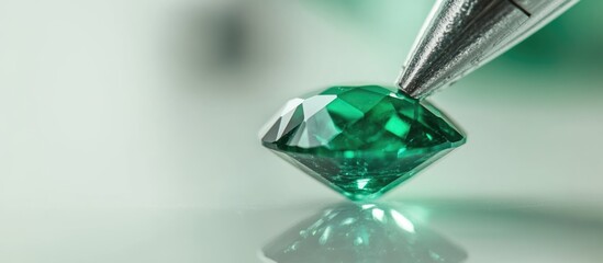 Poster - Emerald gemstone being cut with precision highlighting clarity and brilliance on a white background