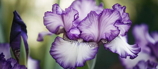 Poster - Close-up shot of a stunning purple and white flower showcasing intricate petal textures and vibrant colors in natural light.
