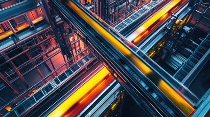 Aufkleber - Overhead view of a conveyor system with autonomous carts in motion, highlighting the vibrant network connections and seamless operation within a high-tech environment.