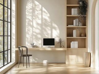 Poster - Minimalist Home Office Interior Workspace Mockup with Wooden Desk and Natural Light