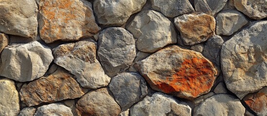 Poster - Detailed close-up texture of a dry stone wall showcasing various shapes, colors, and natural patterns ideal for design and background use.