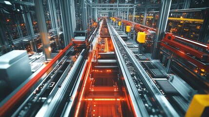 Aufkleber - Overhead view of a conveyor system with autonomous carts in motion, highlighting the vibrant network connections and seamless operation within a high-tech environment.