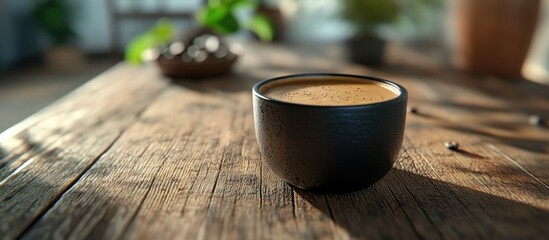 Poster - Coffee in black ceramic cup on rustic wooden table with natural light and greenery ambiance