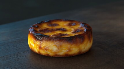 Delicious basque burnt cheesecake with a dark and caramelized crust on a wooden table