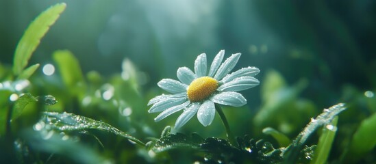 Poster - Close up of a single daisy flower on moist green grass with droplets of water glistening in soft natural light.