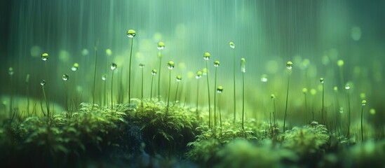 Poster - Closeup of vibrant moss on a damp forest floor with dew drops creating a serene natural atmosphere and lush green background.