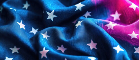 Aufkleber - Closeup of vibrant cotton fabric featuring a dark blue background adorned with whimsical light pink and white star patterns