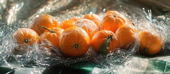 Poster - Bright tangerines in silver tinsel on a green and white checkered tablecloth showcasing festive seasonal decor and vibrant colors.